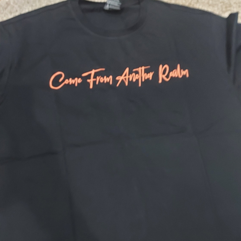 Black Graphic T-Shirt with Orange Text